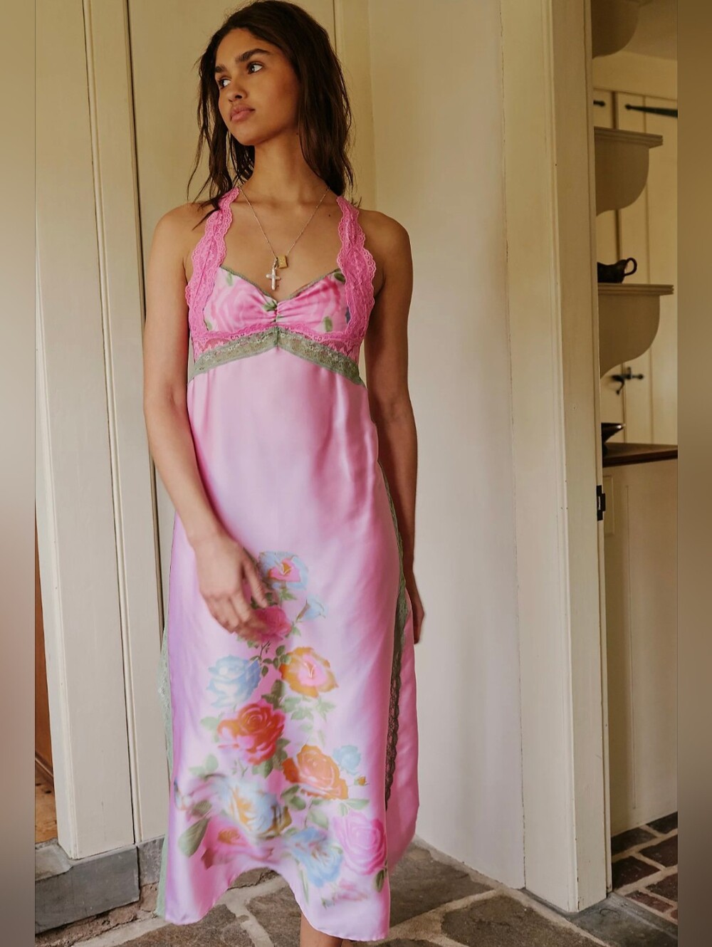 Just Dreamy Maxi Pink Floral Lace-Trim Slip Dress Intimates Sleepwear Date Night
